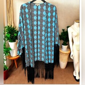 Democracy Black and Blue Patterned Cardigan with Fringe